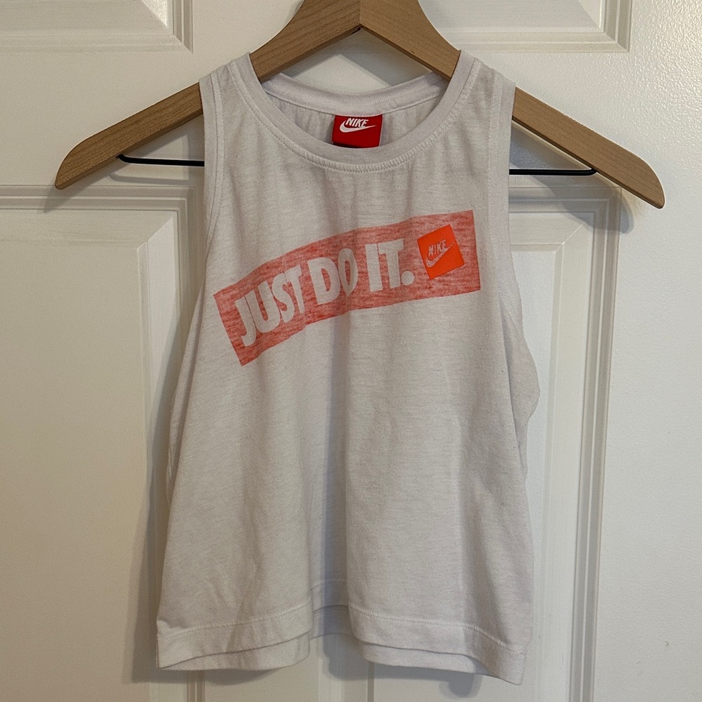 Nike Graphic White Tank Top Crop Muscle Tee with Red Logo Small